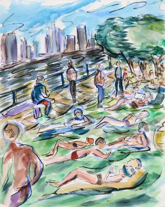 Sunning on the Pier, 2012, Richard H. Fox (b.1960/American), Watercolor and Ink on Paper