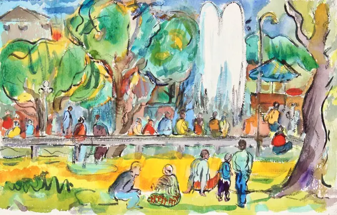 Sunny Day in Washington Square Park, 1999, Richard H. Fox (b.1960/American), Watercolor and Ink on Paper