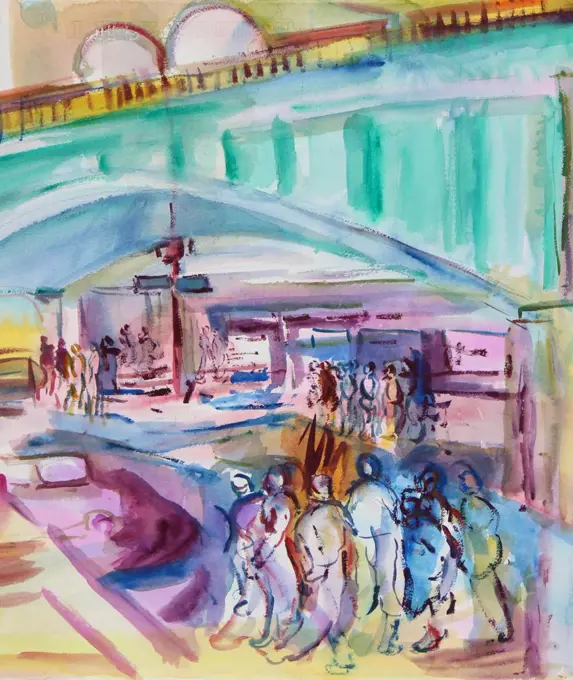 The Hustle at Pershing Square, Grand Central Terminal, 1995, Richard H. Fox (b.1960/American), Watercolor on Paper