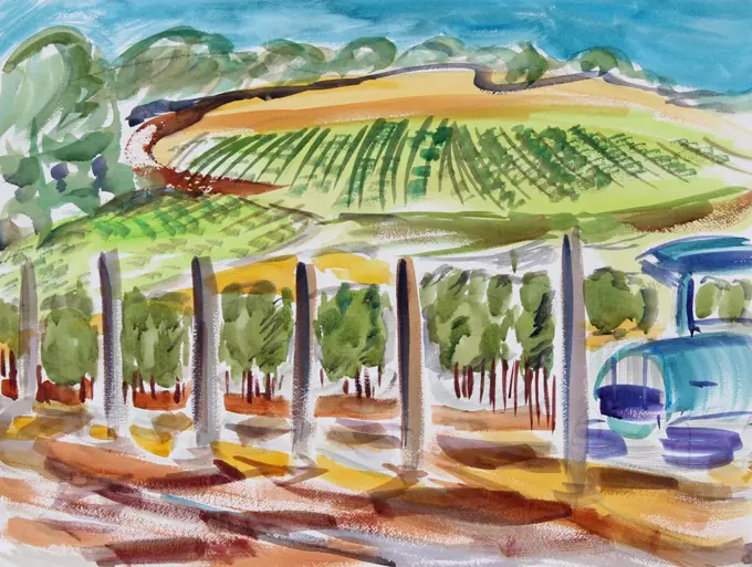 Truck in a Vineyard, 2017, Richard H. Fox (b.1960/American), Watercolor on Paper