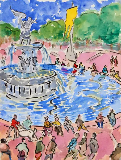 Bethesda Fountain, 1999, Richard H. Fox (b.1960/American), Watercolor & Ink on Paper