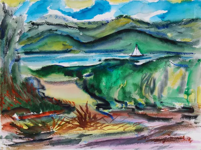 July,  Hudson River by Richard H. Fox,  watercolor on paper,  (b.1960),  2009