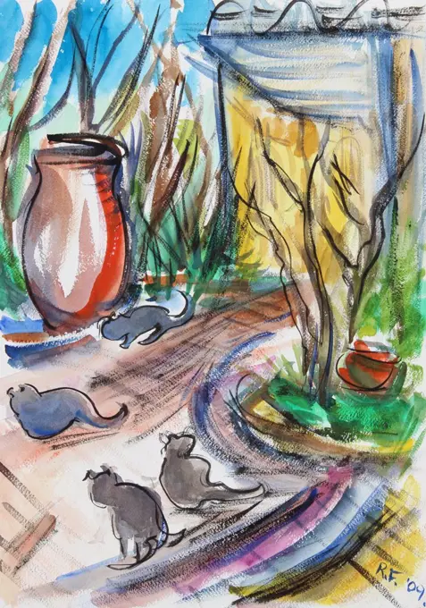 Cats on Patio by Richard H. Fox,  watercolor on paper,  (b.1960),  2009