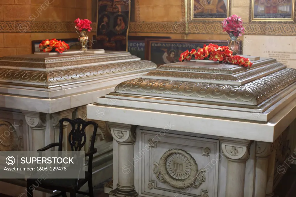 Ethiopia, Addis Abeba. The tomb of Emperor Menelik II of Ethiopia. The tomb on its right contains the remains of Empress Taitu his wife. Ethiopia.