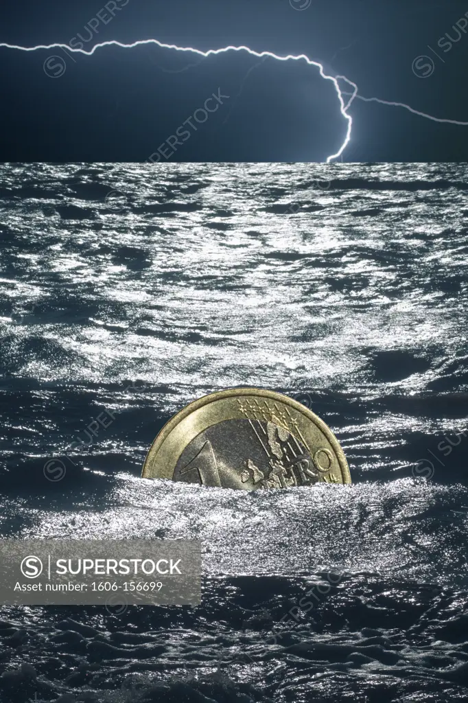 Euro coin floating in the sea during a storm