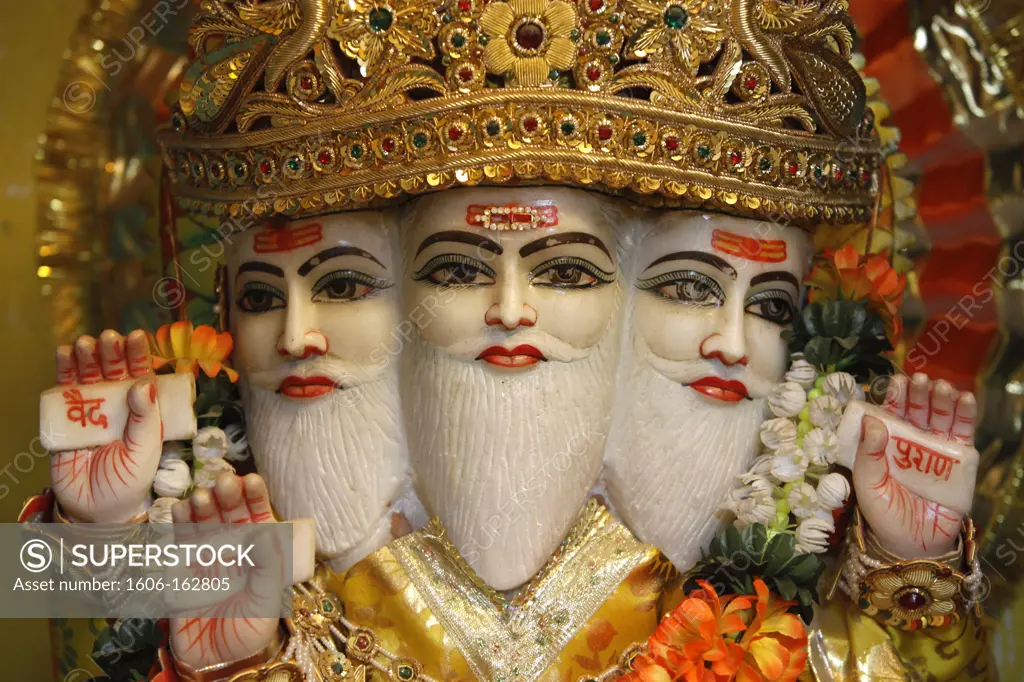 Statue in Lakshman temple, Rishikesh : Brahma (hands holding the Vedas, Gita & Purana) . India. (Rishikesh, Uttarakhand, India)