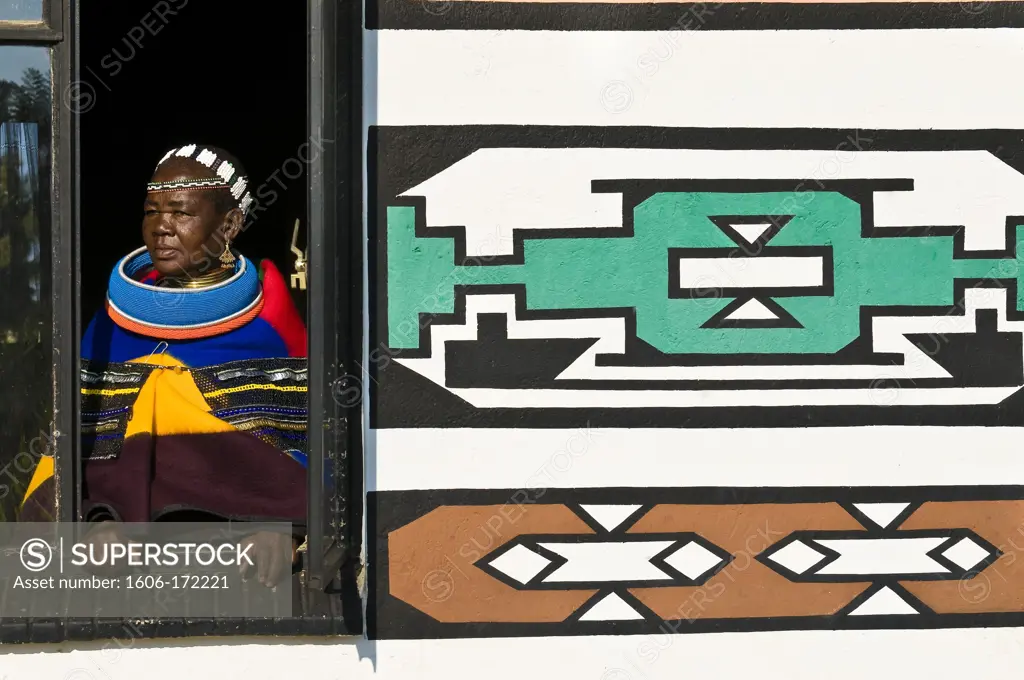 Africa, South Africa, Mpumalanga Province, KwaNdebele, Ndebele tribe, Mabhoko village, the artist Francina Ndimande at the window of her house