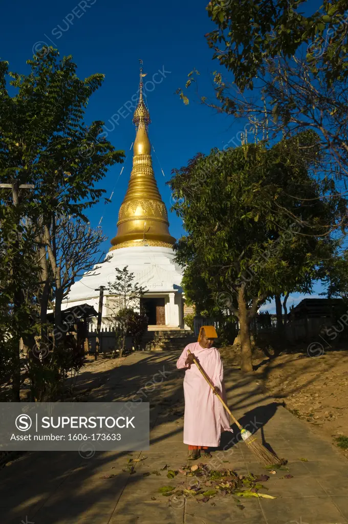 Myanmar (Burma), Shan State, Inle Lake, Mine Thauk village, Dhamma Sekya Pagoda, the nun Daw Pyin Nya Sari sweeps up the path going to the temple every day