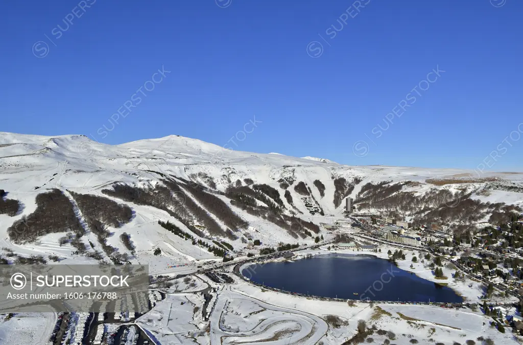 France, Auvergne, Puy de Dome, Regional Nature Park of Volcans d'Auvergne, Super Besse, ski resort, aerial view