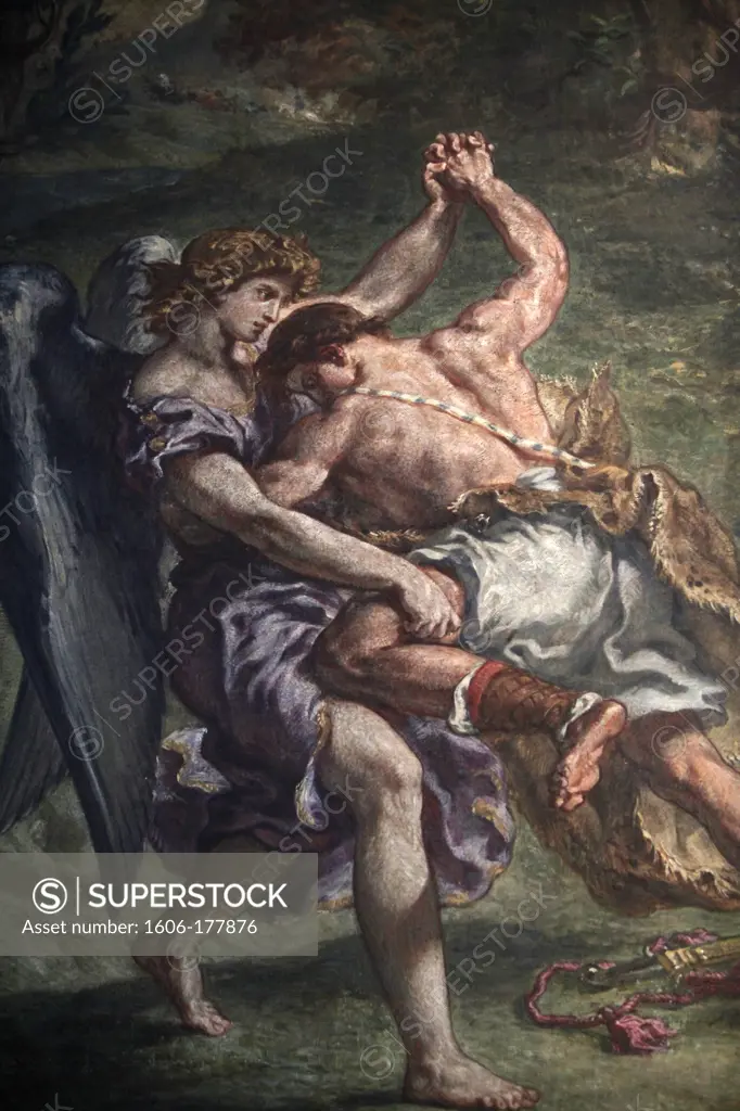 Painting by Eugène Delacroix in Saint Sulpice basilica, Paris : Jacob fighting with the angel Paris. France.