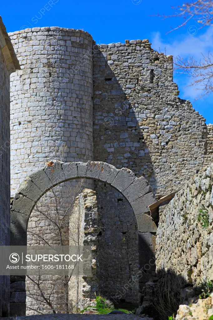 France, Var (83), labeled Village Bargème The Most Beautiful Villages of France, overlooking the village, the towers and remains of the Medieval castle of the twelfth century