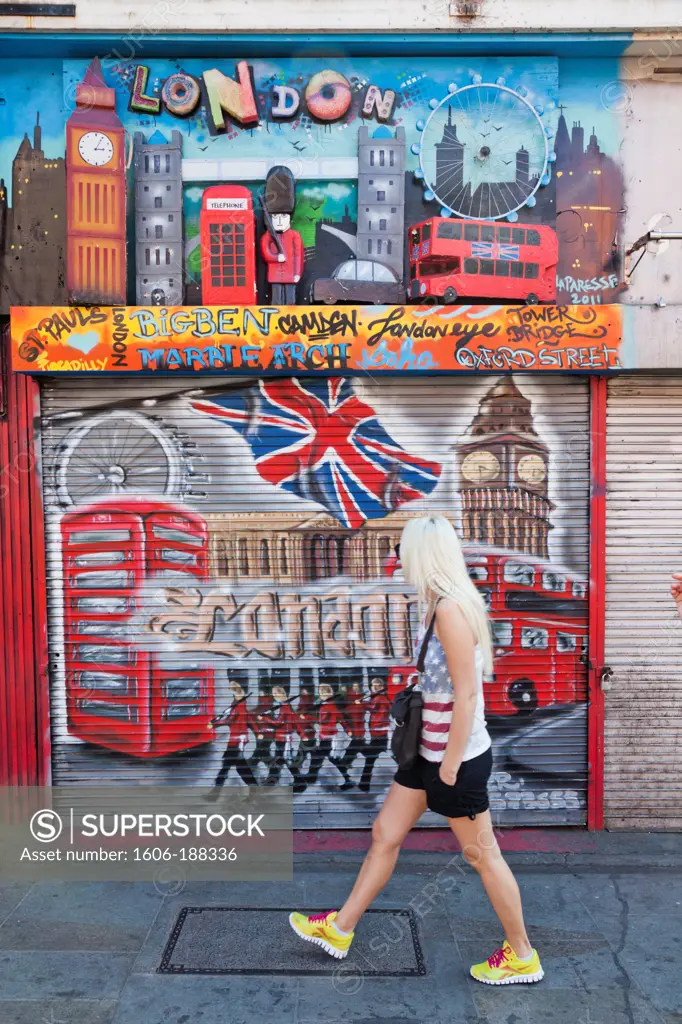 England,London,Camden,Camden High Street,Shop Window Shutter,Graffitti of Iconic London Scenes