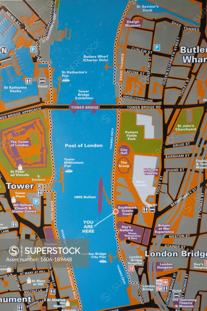 England, London, Southwark, Area Map showing Main Tourist Attractions