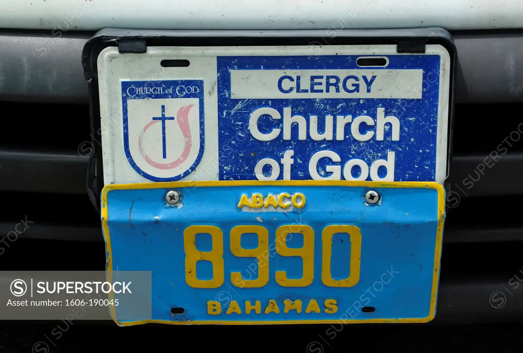 close-up on license plate and church of God plate in Abaco island,Bahamas