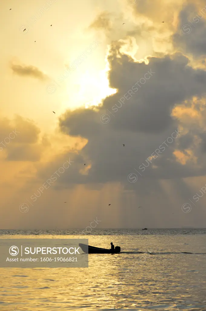 Morning local fishing boat in Livingston, Guatemala, Central America.