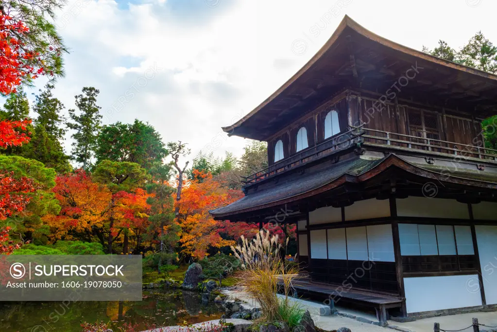 The Silver Pavilion Temple and its beautiful orange-red colors, Higashiyama district, Kyoto, Kansai, Honshu, Japan