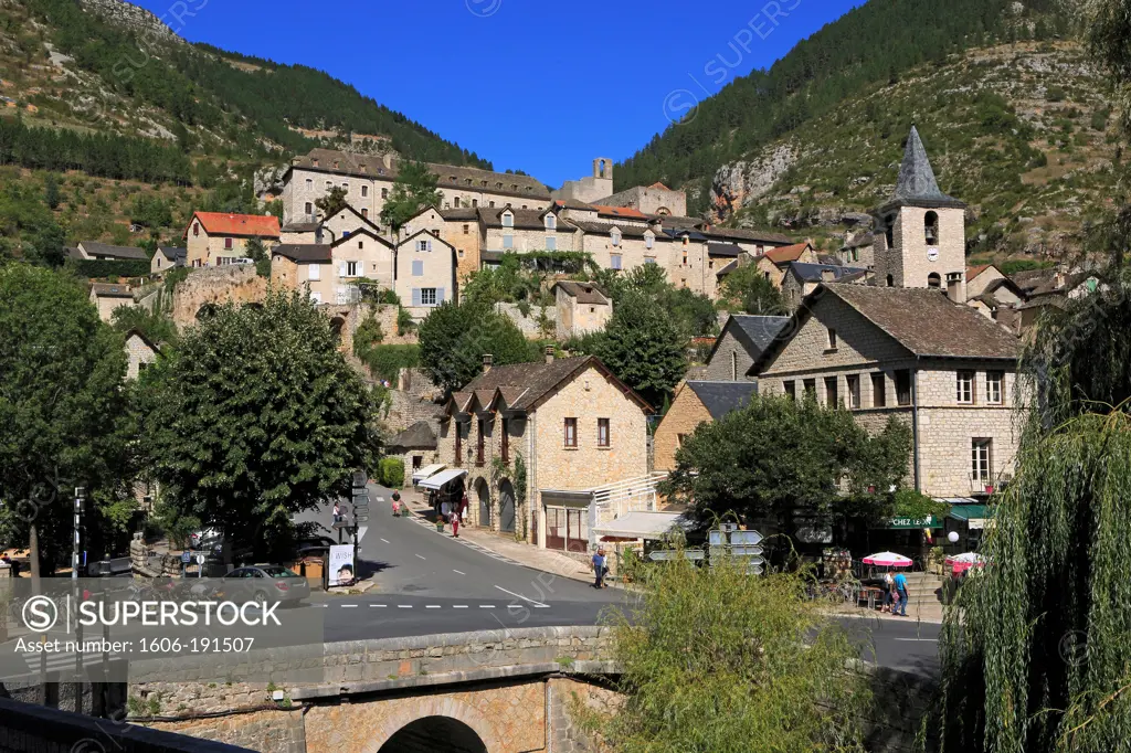 France, Lozère (48), a village in the Tarn gorges, it is labeled one of The Most beautiful villages of France (aerial photo)