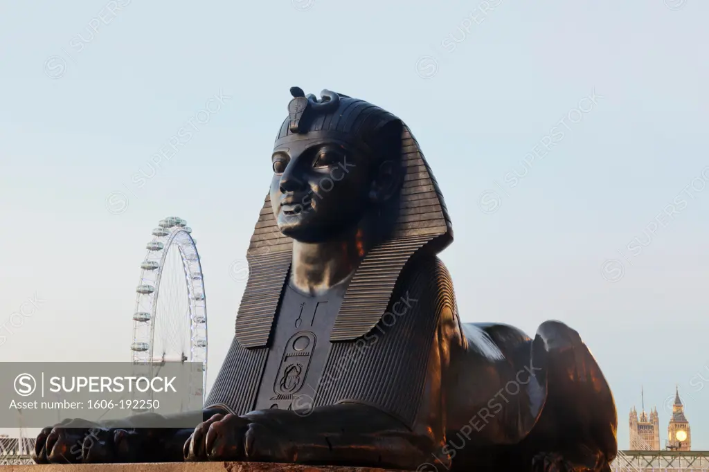 England,London,Victoria Embankment,Sphinx Statue and London Eye