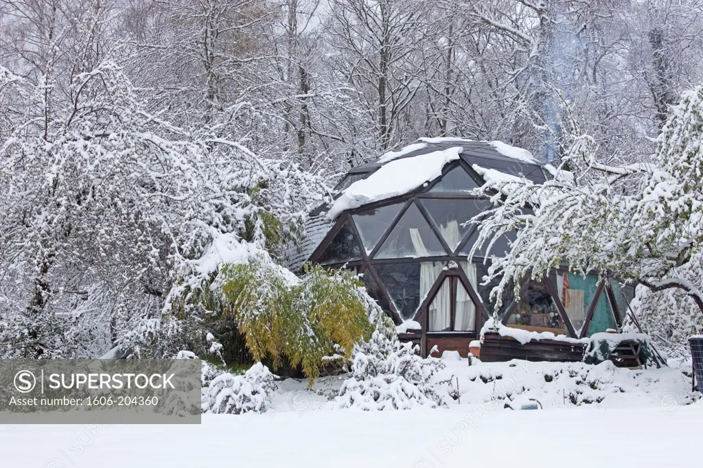 France, Ariege, Pyrenees, Geodesic dome home, swowy landscape