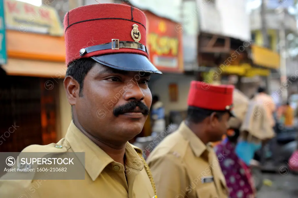 Policemen with French red kepi in Puducherry (Pondicherry) in Tamil Nadu,South India,Asia