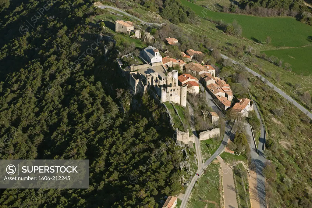 France, Var (83), labeled Village Bargème The Most Beautiful Villages of France, overlooking the village, the remains of the medieval castle of the twelfth century