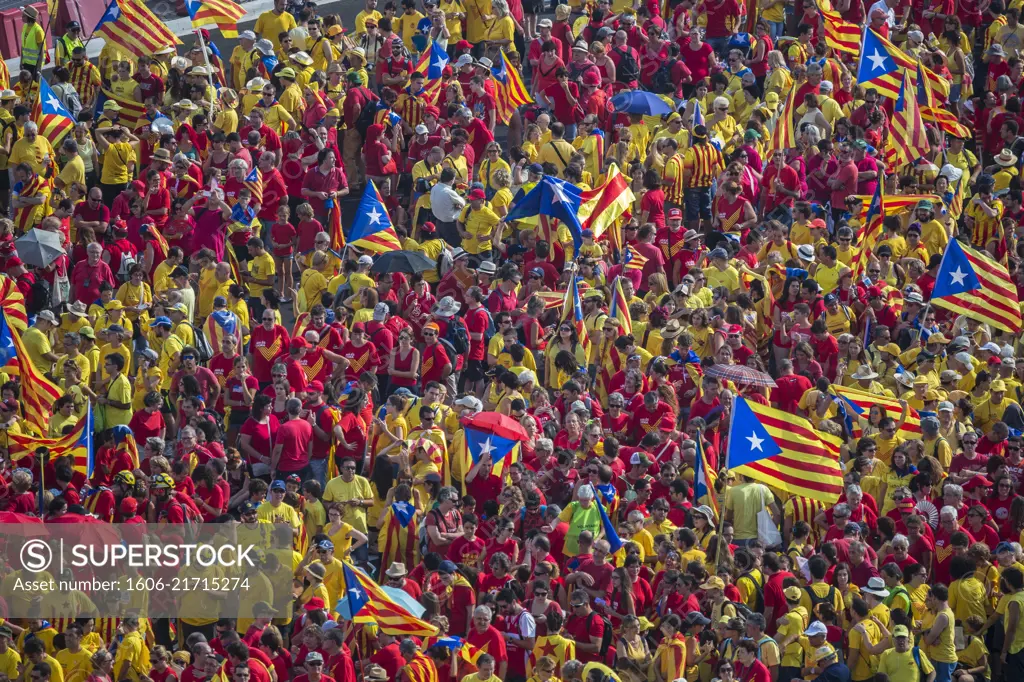 Spain, Catalunya, Barcelona City, Espana Square, . Diada Celebration 2014, Human catalan flag