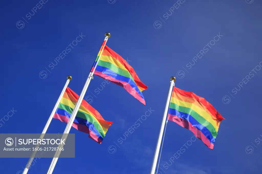 Gay flags in blue sky.