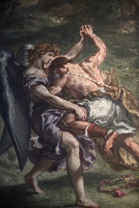 Painting by Eugène Delacroix in Saint Sulpice basilica, Paris : Jacob fighting with the angel Paris. France.