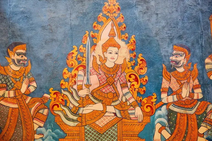 Cambodia, Phnom Penh, Wat Phnom, Wall Mural depicting Life of Buddha