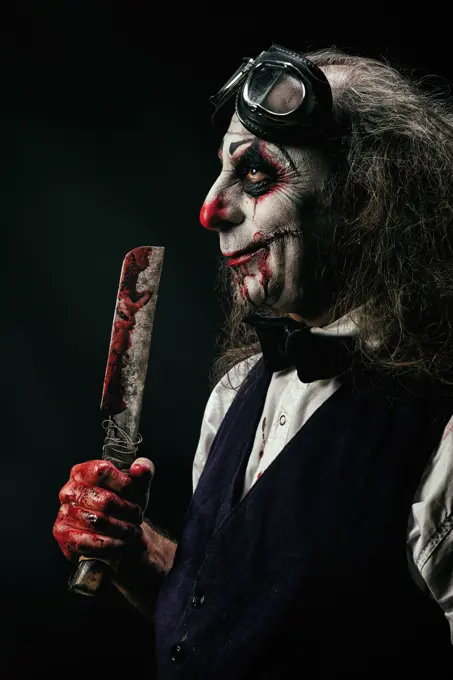 Portrait of a sadistic clown, a bloody knife in his hand