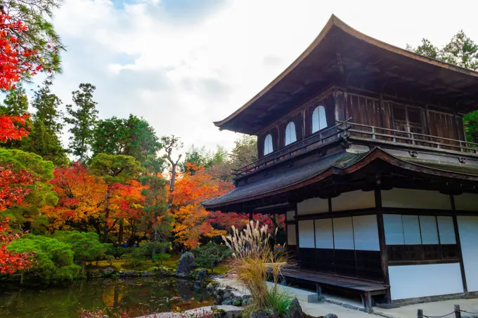 The Silver Pavilion Temple and its beautiful orange-red colors, Higashiyama district, Kyoto, Kansai, Honshu, Japan