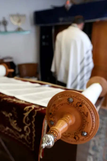 Jewish Torah Scroll In A Synagogue. Paris. France.