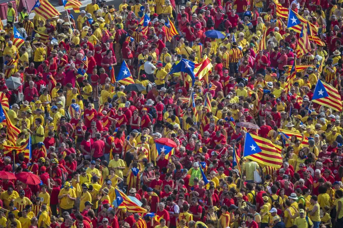 Spain, Catalunya, Barcelona City, Espana Square, . Diada Celebration 2014, Human catalan flag