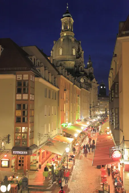 Germany, Saxony, Dresden, Münzgasse, restaurants, people, Frauenkirche,