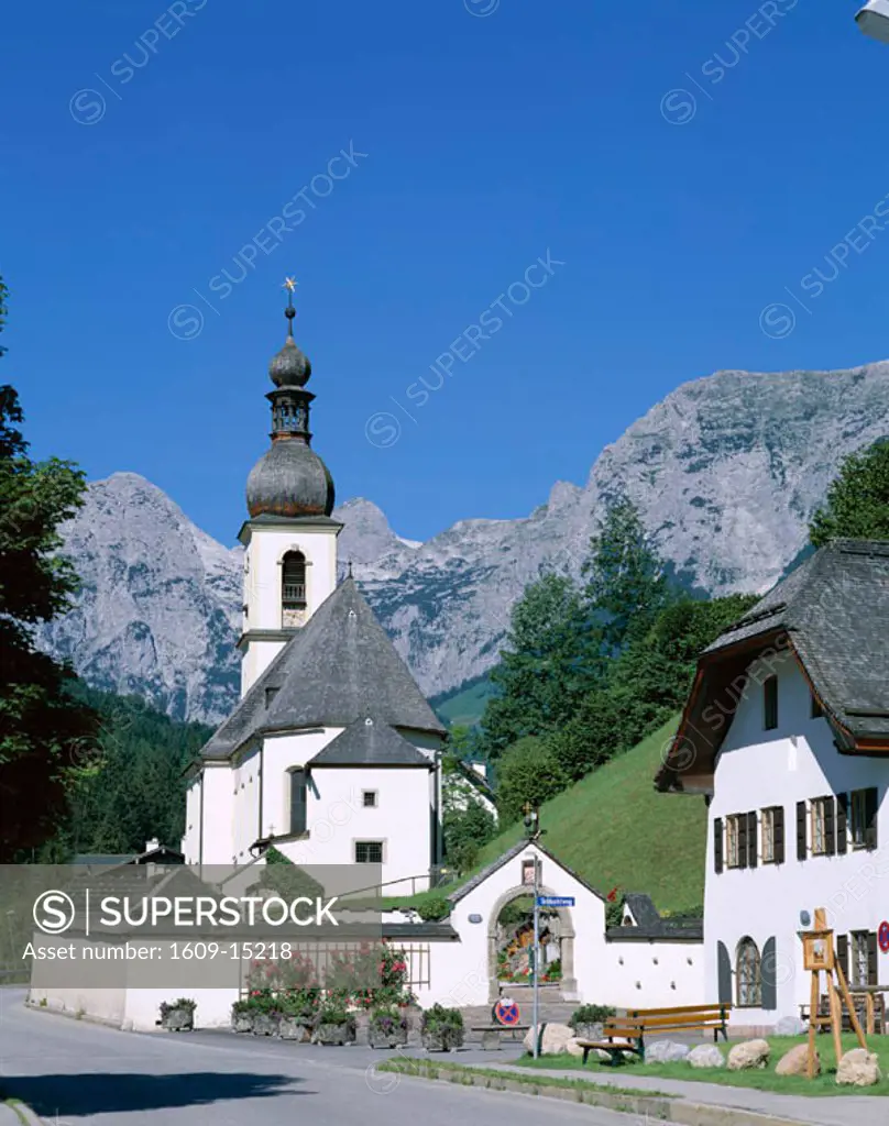 Ramsau Church (Ramsau an der Ache) & Alps Mountains, Ramsau, Baveria / Berchtesgadener Land, Germany