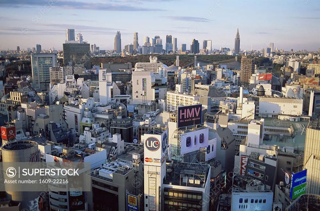 Japan, Tokyo, Shibuya, Shibuya Area Skyline with Shinjuku in the Background