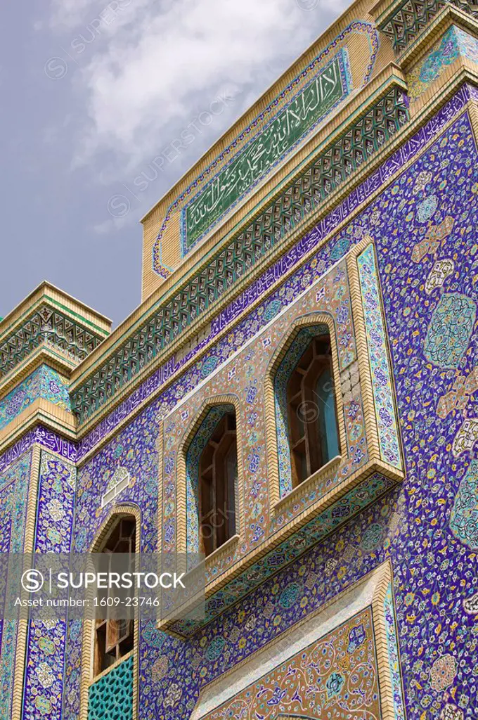 UAE, Dubai, Bur Dubai, Tiled exterior of the Imam Hussein Iranian Mosque