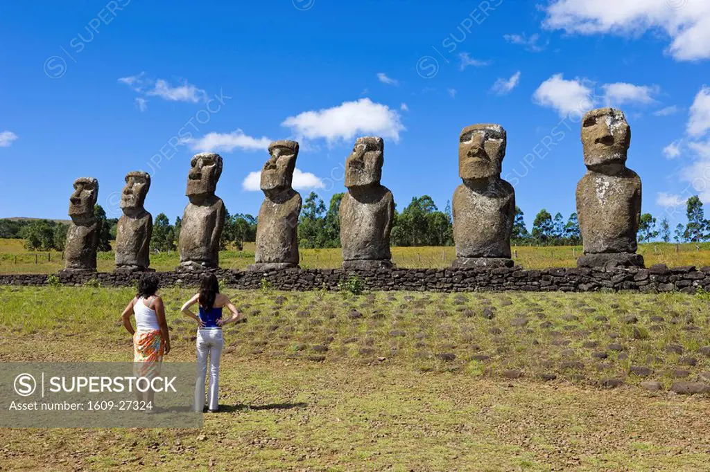 Chile, Rapa Nui, Easter Island, Ahu Akivi, row of monolithic stone Moai statues