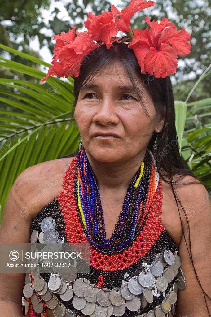 Panama, Chagres River, Embera Village, Embara woman in traditional dress