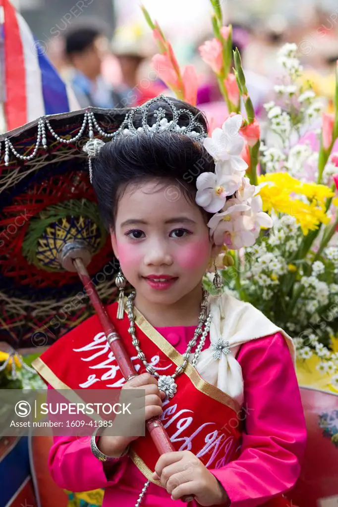 Thailand, Chiang Mai, Portrait of Girl in Traditional Thai Costume at the Chiang Mai Flower Festival