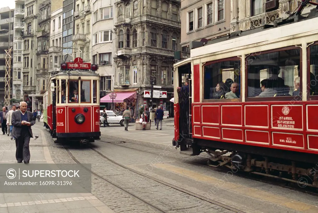 Trams on Istikal Caddesi, Istanbul, Turkey