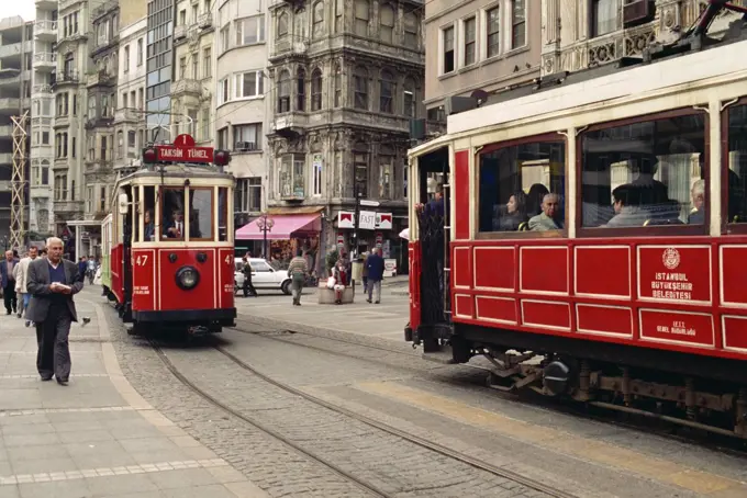 Trams on Istikal Caddesi, Istanbul, Turkey