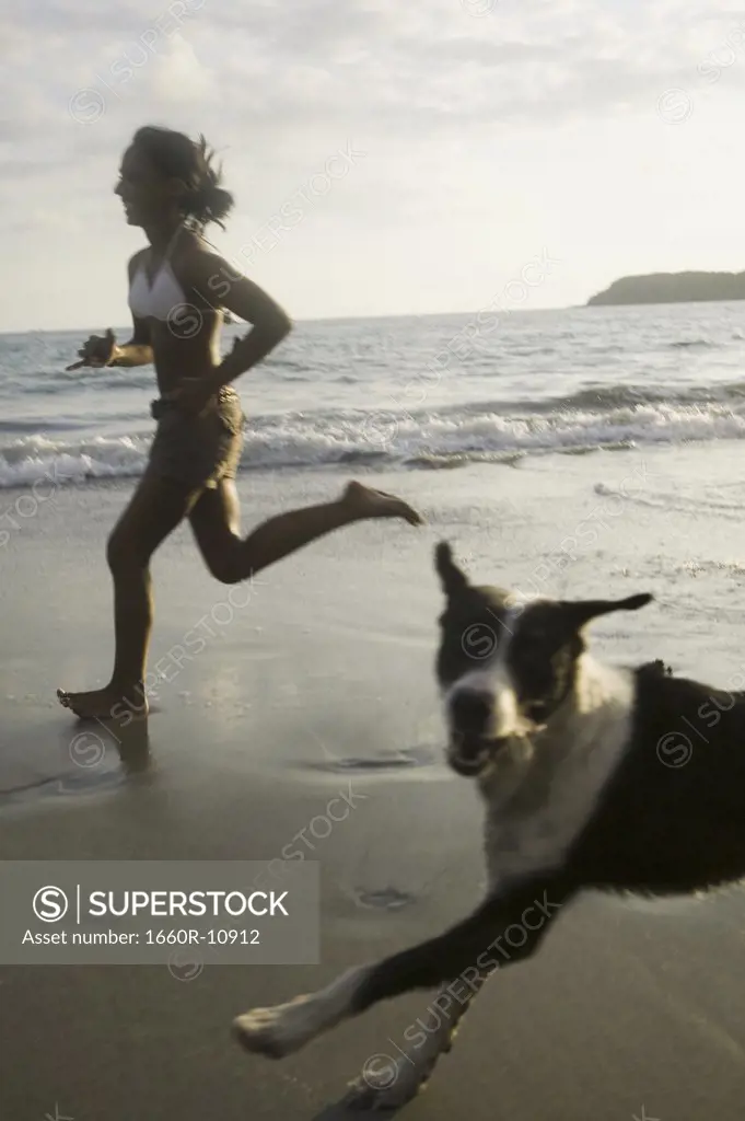 Profile of a young woman and her dog running on the beach