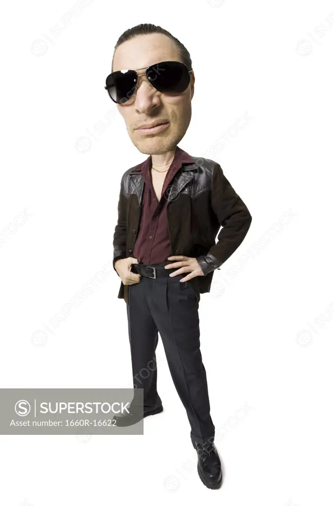 Caricature of man in leather jacket with sunglasses sneering