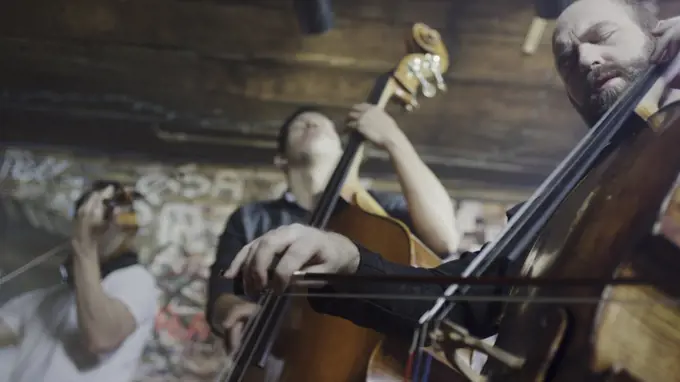 Low angle view of serious musicians playing violin in band in cafe