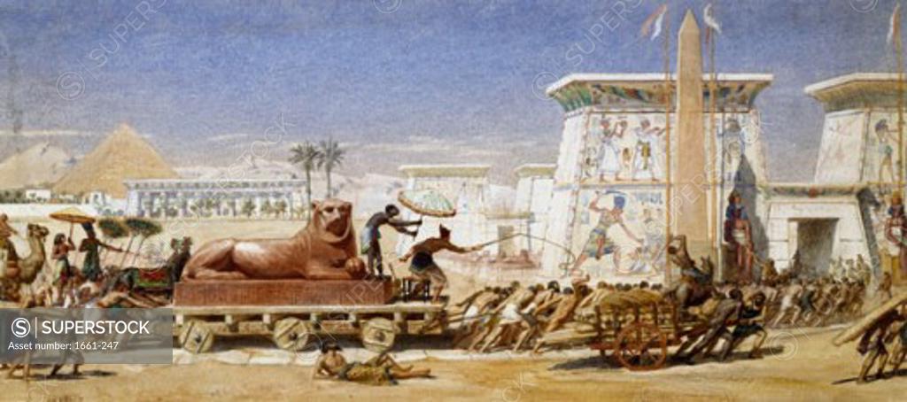 Hauling a Lion Statue to the Temple Ancient Egypt 1862 Edward John ...