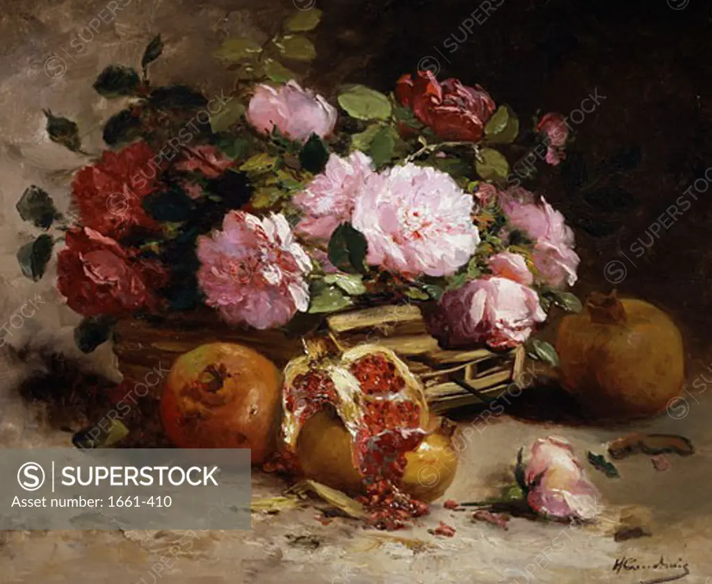 A Still Life of Pink Roses and Pomegranates Eugene Henri Cauchois (1850-1911 French)