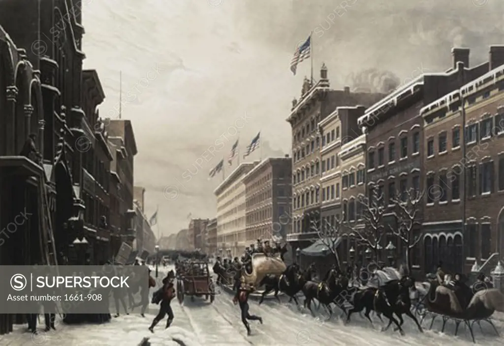 New York - A Winter Scene in Broadway, 1857, After Hippolyte Victor Sebron