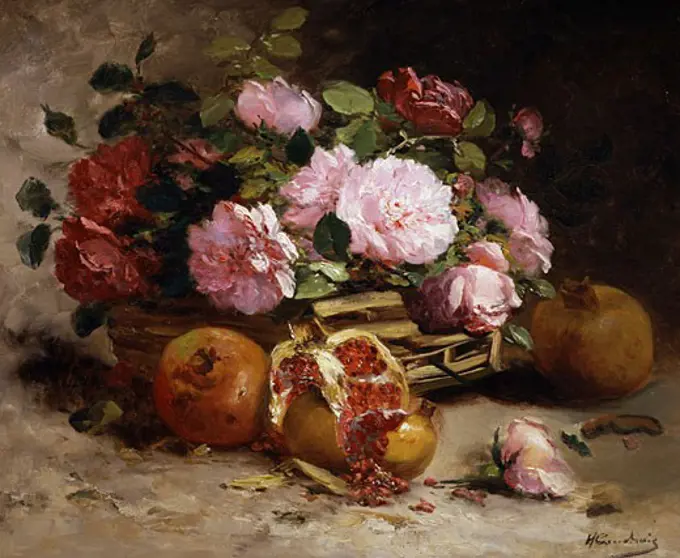 A Still Life of Pink Roses and Pomegranates Eugene Henri Cauchois (1850-1911 French)