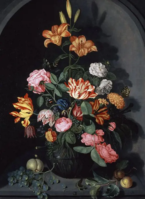 A Still Life of Flowers in an Alcove Joannes Busschaert (ca.1610-af.1628 Dutch)